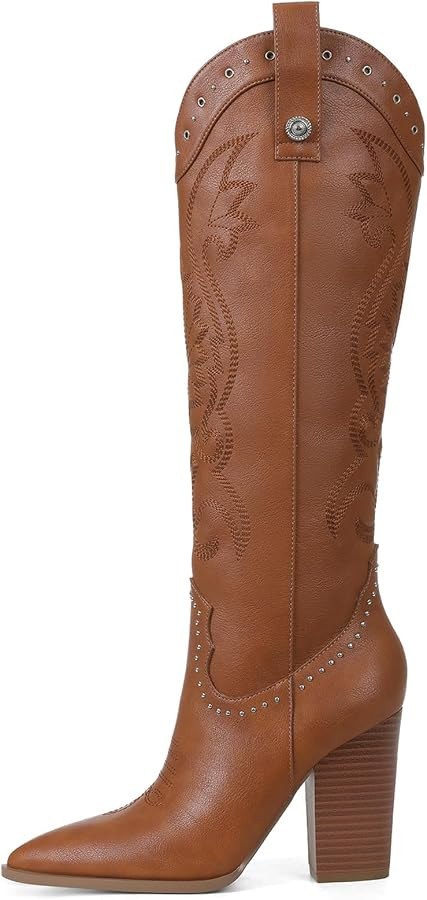 Knee High Cowboy Boots for Women Pointed Toe Chunky High Heels Pull-on Embroidered Boots Western ... | Amazon (US)