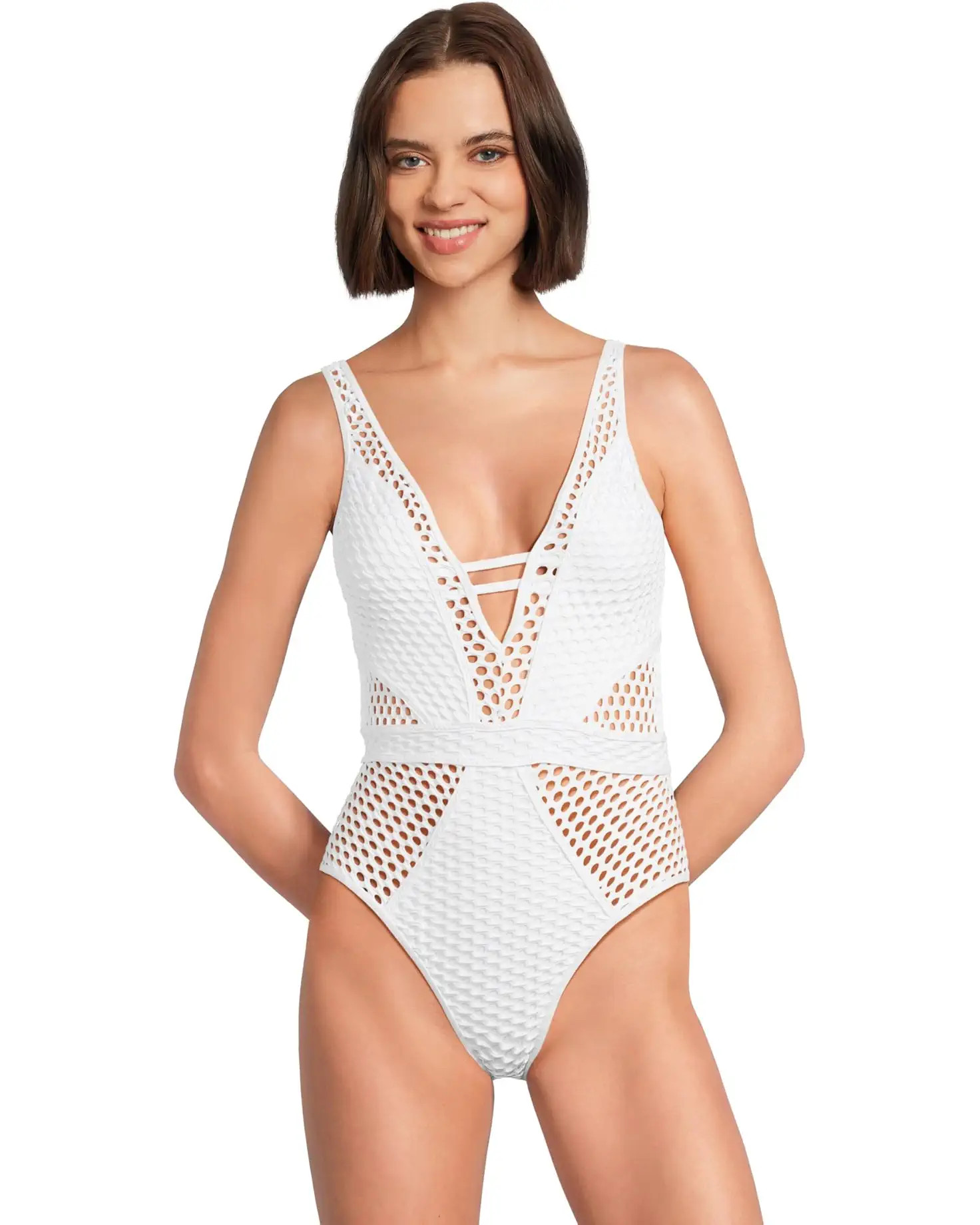 Castaway Fishnet Texture Plunge One Piece | Zappos