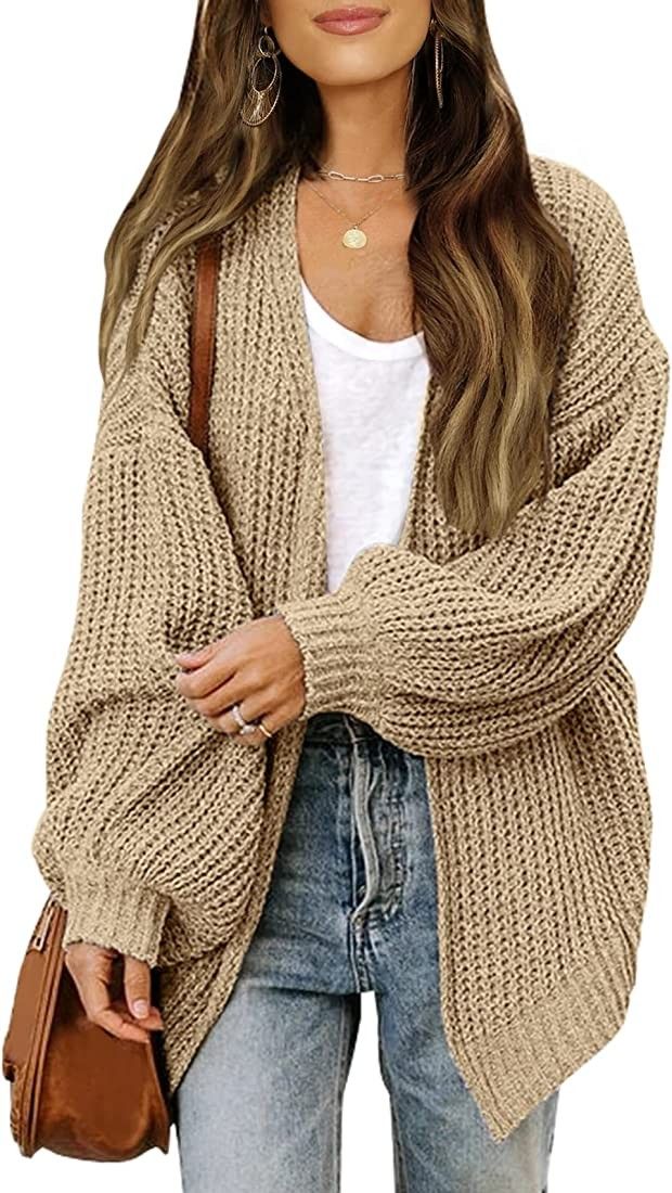 MEROKEETY Women's Open Front Long Lantern Sleeve Cardigan Oversized Chunky Outwear with Pocket | Amazon (US)