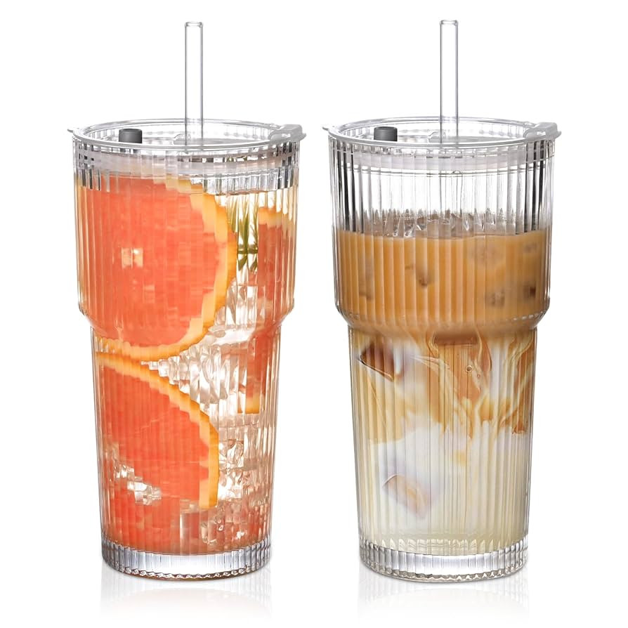 20oz Ribbed Glass Cups with Lids and Straws,2PCS Glass Tumbler with Straw and Lid,Drinking Glasse... | Amazon (US)