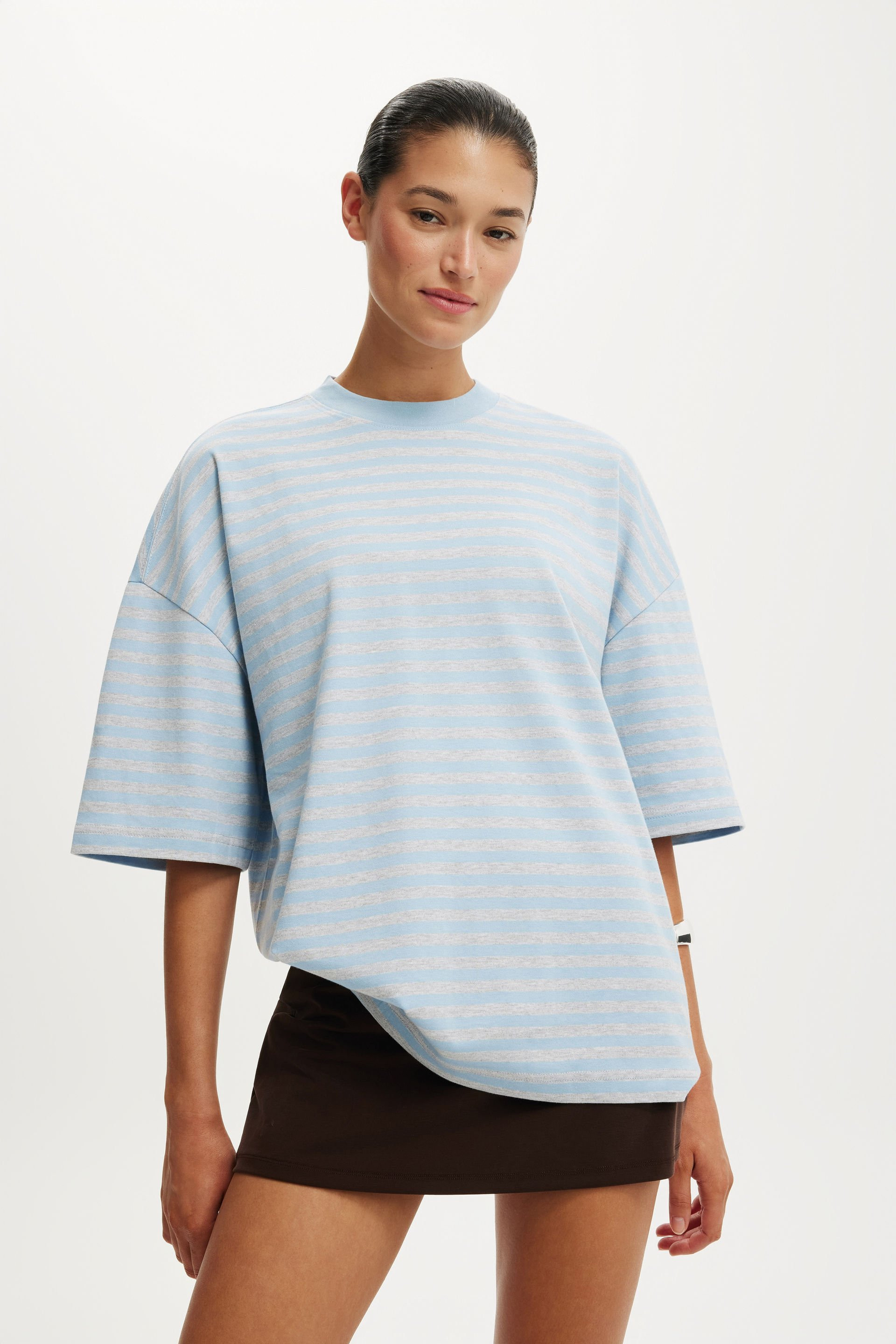 Cotton On Women - The Oversized Crew Tee - Sophie stripe grey marle/ serene blue | Cotton On (ANZ)