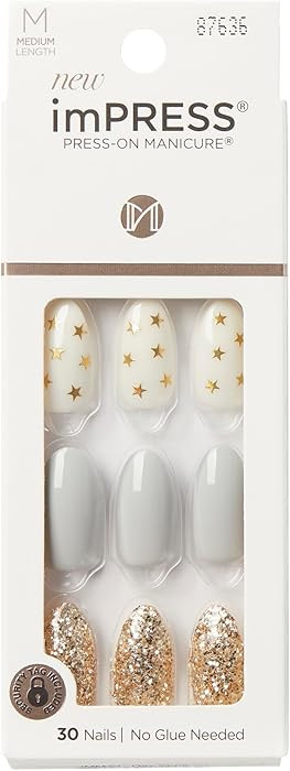 KISS imPRESS No Glue Press-On Nails White Gold Glitter Design Includes 30 Nails, Prep Pad, 1 Mani... | Amazon (US)