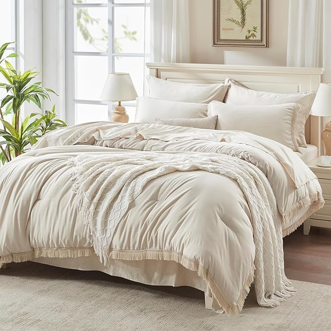 Andency Queen Comforter Set with Sheets Beige -7 Pieces Boho Tassel Bed in a Bag Soft Lightweight... | Amazon (US)