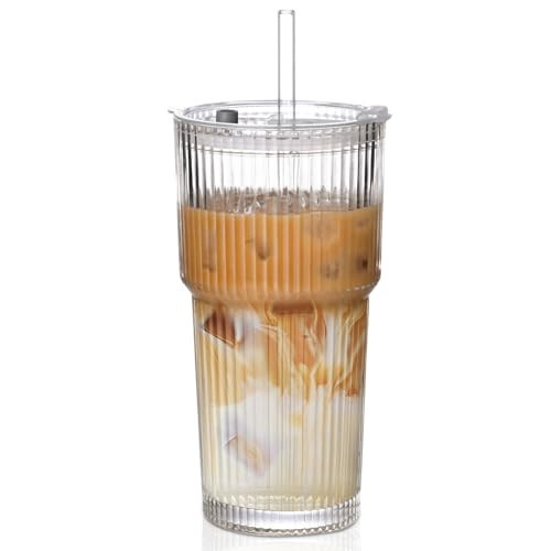 AUFXKOO 20oz Ribbed Glass Cups with Lids and Straws,1PCS Glass Tumbler with Straw and Lid,Iced Coffee Cups Drinking Glasses for Juice Whiskey Cocktail Beer | Amazon (US)