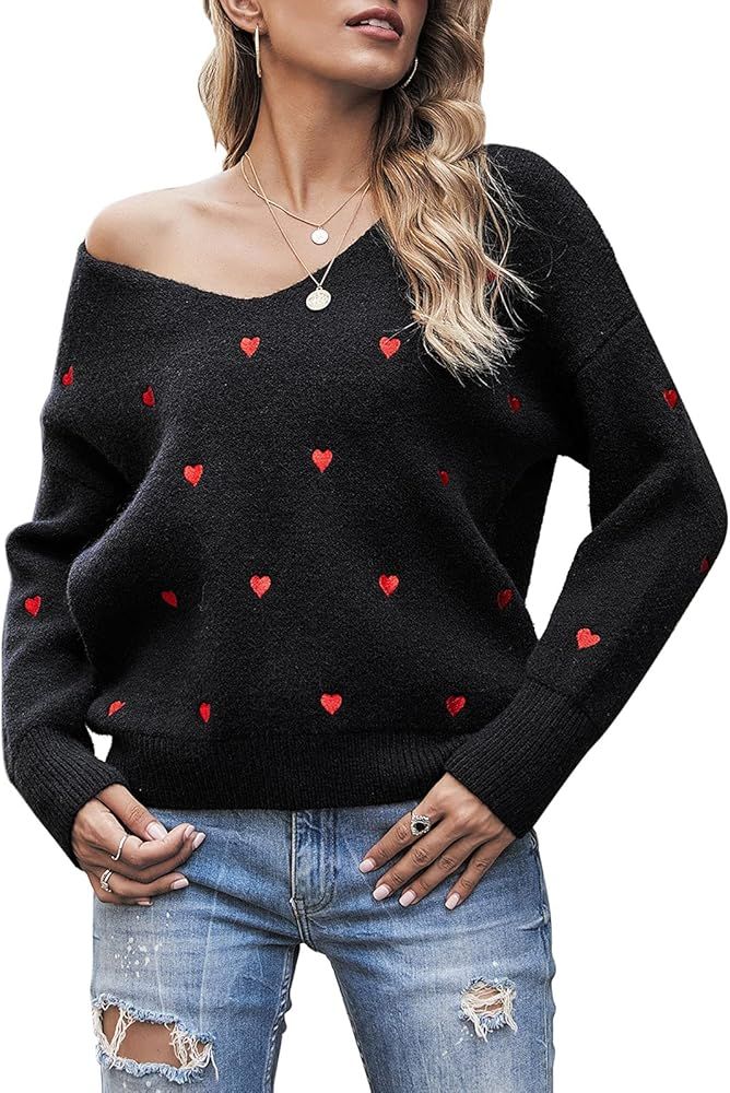 Alsol Lamesa Women Sweaters Heart Front Crew Neck Long Sleeve Knitted Pullover Sweater | Amazon (US)