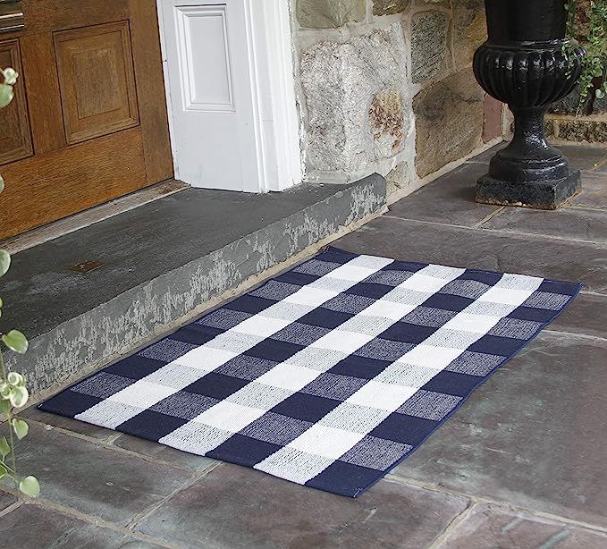 NANTA Navy Blue and White Cotton Buffalo Plaid Check Rug 27.5 x 43 Inches Washable Woven Outdoor ... | Amazon (US)