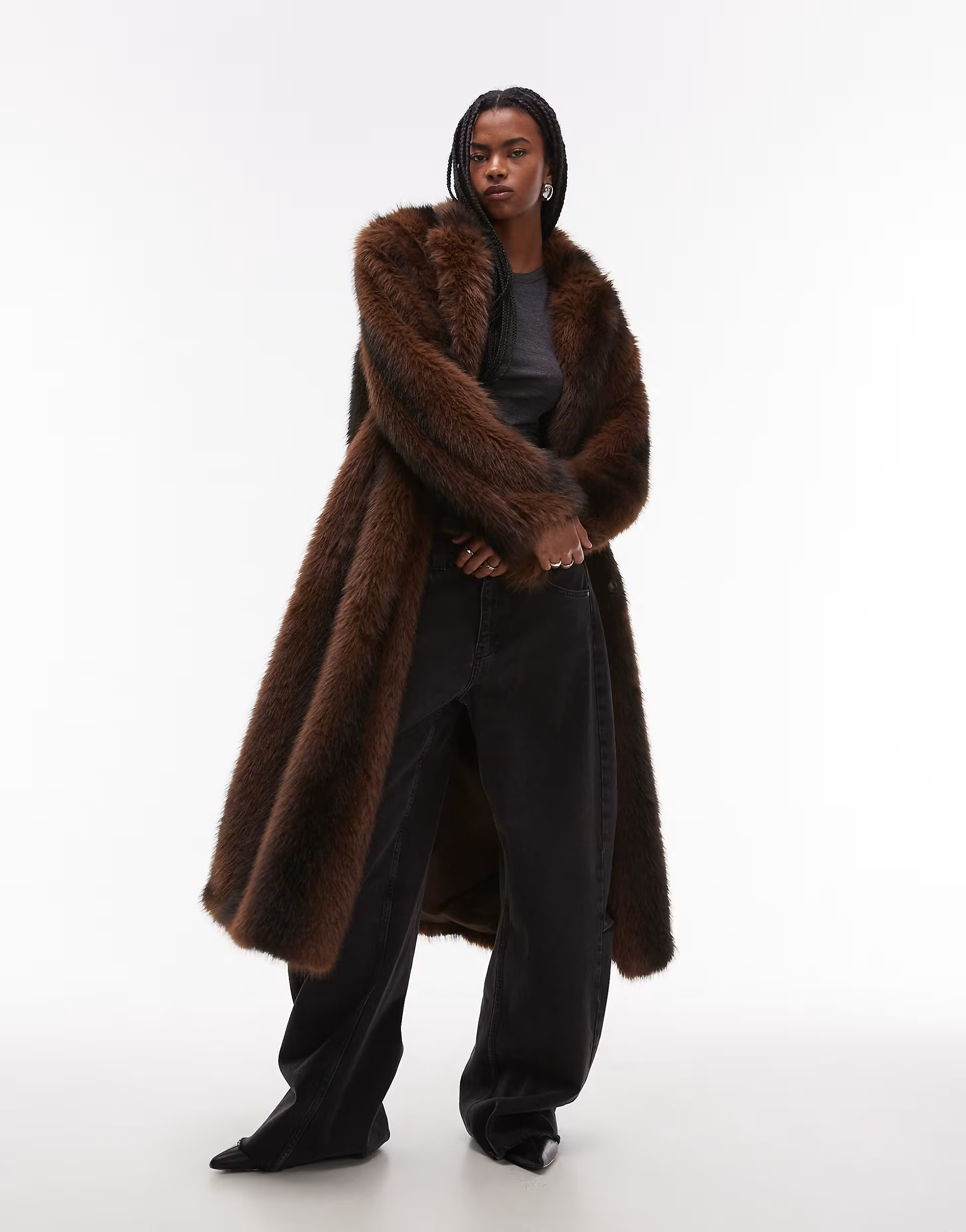 Topshop faux fur long line coat in brown stripe | ASOS (Global)
