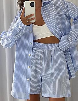 SAFRISIOR Women’s 2 Piece Casual Tracksuit Outfit Sets Stripe Long Sleeve Shirt And Loose High ... | Amazon (US)