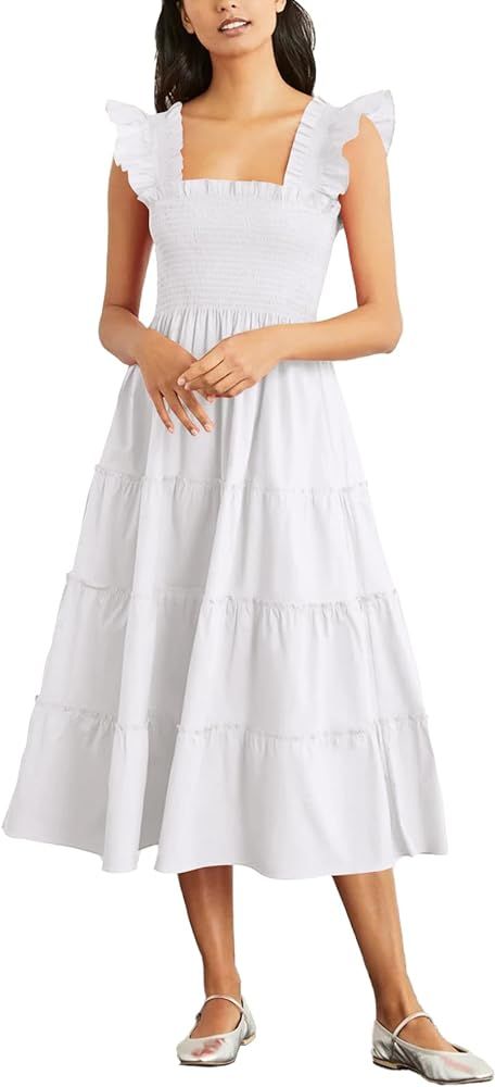 Rooscier Women's Square Neck Smocked Ruffle Sleeveless Tiered A Line Sundress Midi Dress | Amazon (US)