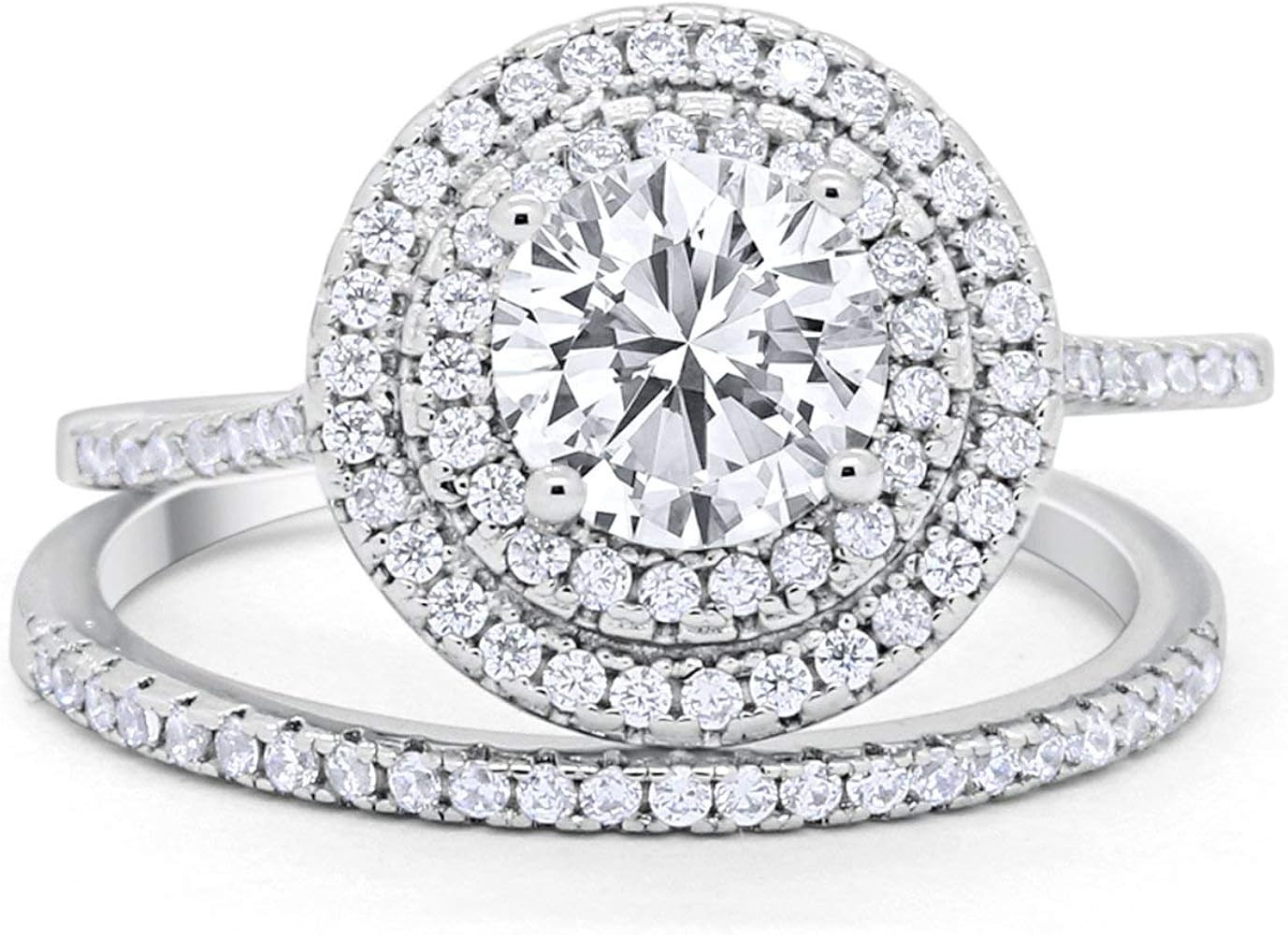 Blue Apple Co. Double Halo Wedding Engagement Bridal Set Ring Band 925 Sterling Silver Round Cubi... | Amazon (US)