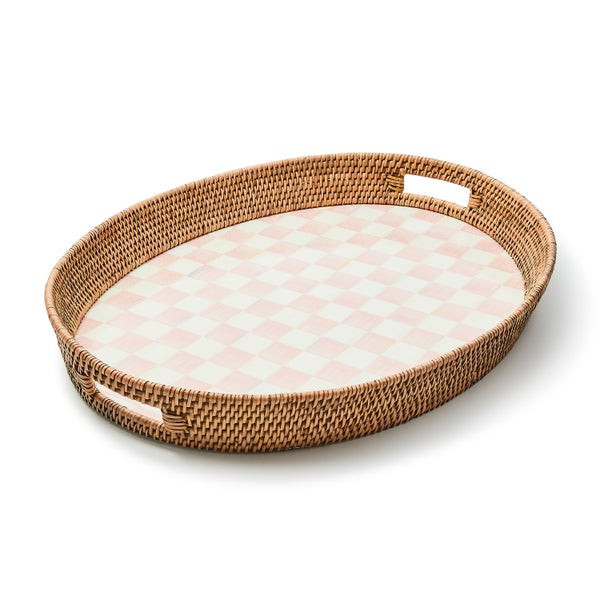 MacKenzie-Childs Rosy Check Enamel & Rattan Party Tray | MacKenzie-Childs