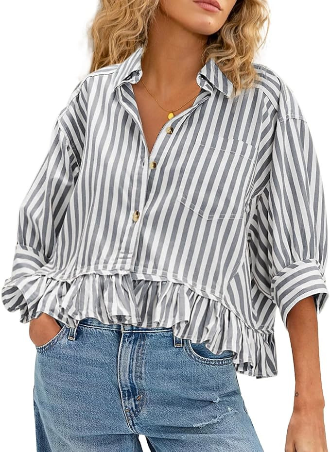 CHYRII Womens Summer Tops Dressy Casual Blouse Top Ruffled Short Sleeve Button Down Striped Shirt | Amazon (US)