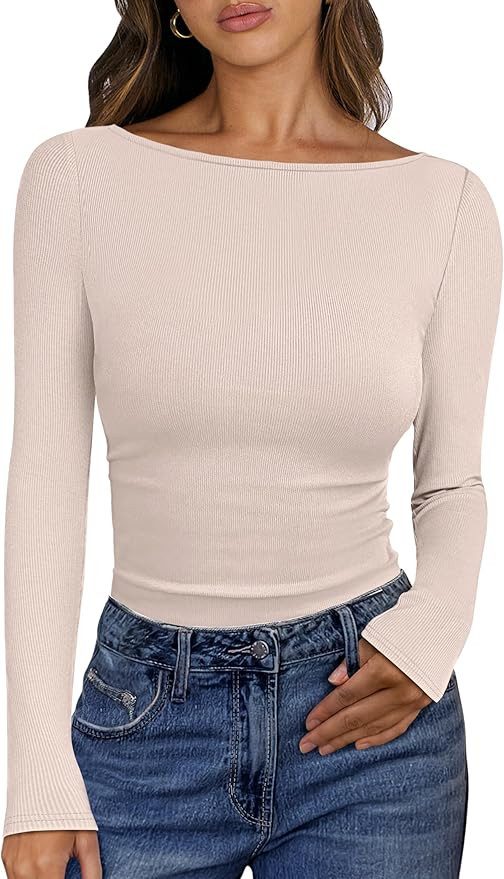 ANRABESS Women's Boat Neck Long Sleeve Shirts Rib Knit Slim Fitting Tops Basic Tees 2025 Casual C... | Amazon (US)