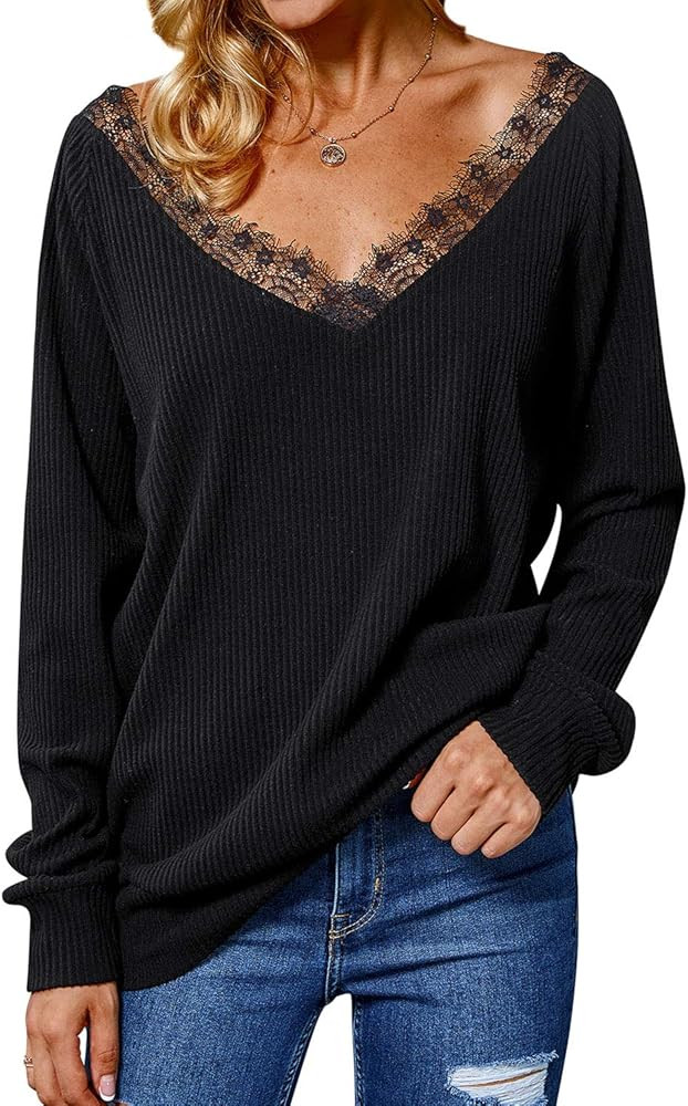 FEMLE Womens Off The Shoulder Sweaters Long Sleeve Lace V Neck Pullover Tops | Amazon (US)