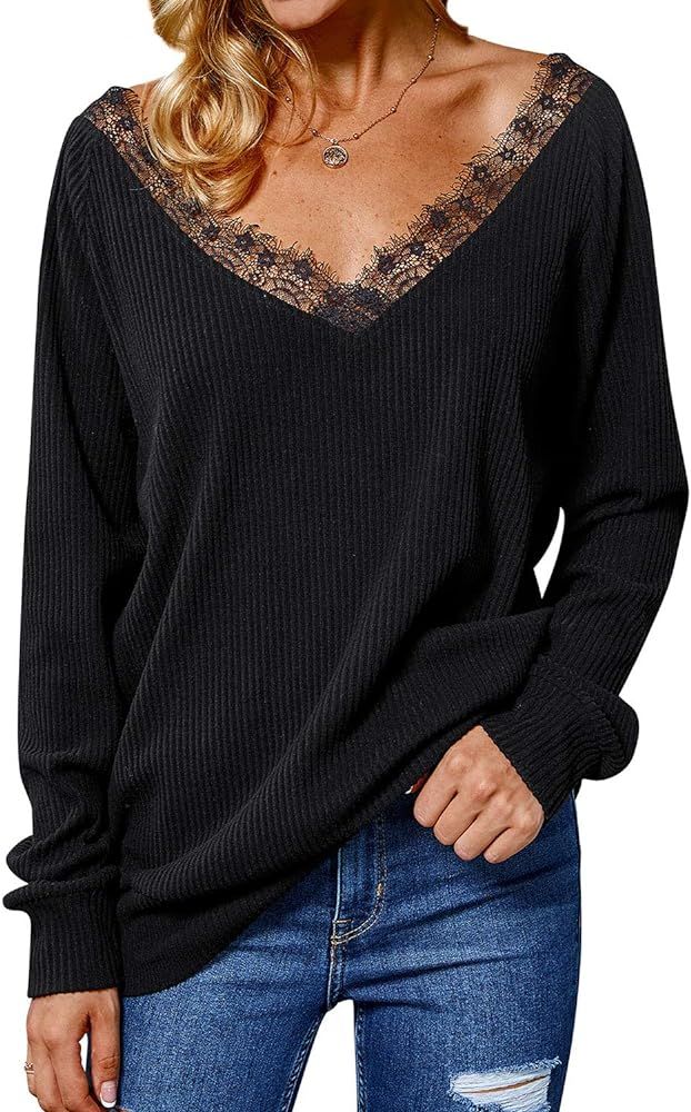 FEMLE Womens Off The Shoulder Sweaters Long Sleeve Lace V Neck Pullover Tops | Amazon (US)
