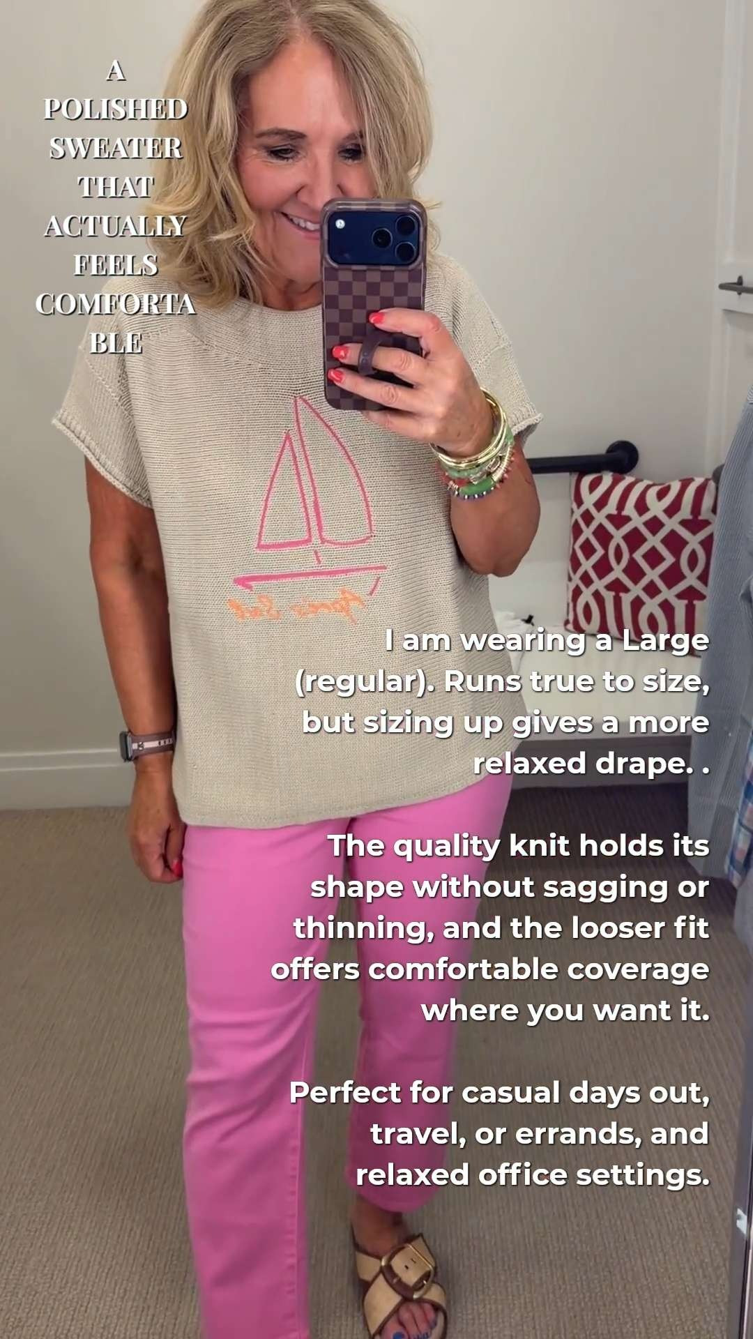 Tap the bell 🔔, heart ❤️ this post, and save for later!

If sweaters usually cling in the wrong places, this one solves it.

The fabric feels substantial (not thin or flimsy), and sizing up gives you that easy drape that doesn’t hit right at the hips.

Wearing a large (regular) for a more relaxed fit. If you go petite, expect a slightly shorter length.

Great for everyday wear, travel, or casual workdays when you still want to look put together.

If you want comfort without looking sloppy, this is a solid option. 

 #LTKootd #LTKOver40