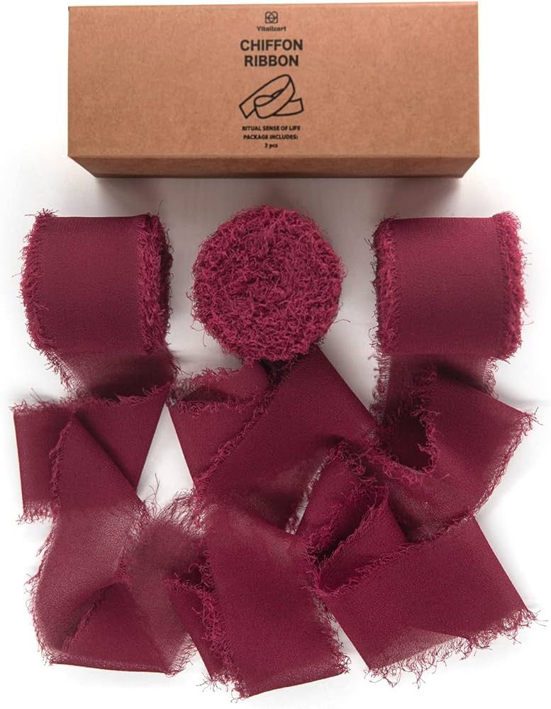 Vitalizart 3 Rolls Handmade Fringe Chiffon Silk Ribbon 1.5" x 7Yd Burgundy Ribbons Set for Weddin... | Amazon (CA)