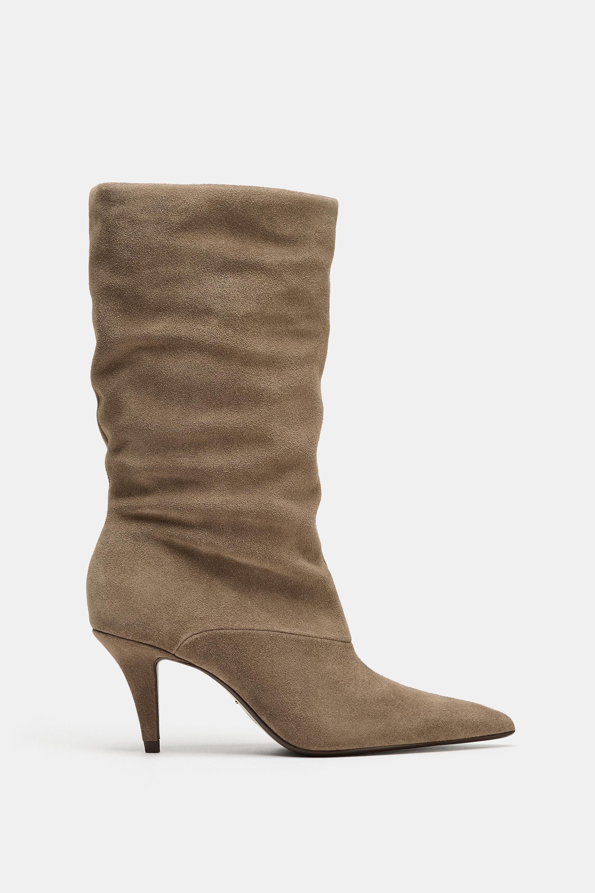 Split suede heeled boots. Gathered leg detail. Thin mid-heel. Pointed toe.Heel height: 7 cm / 2.7... | Zara UK