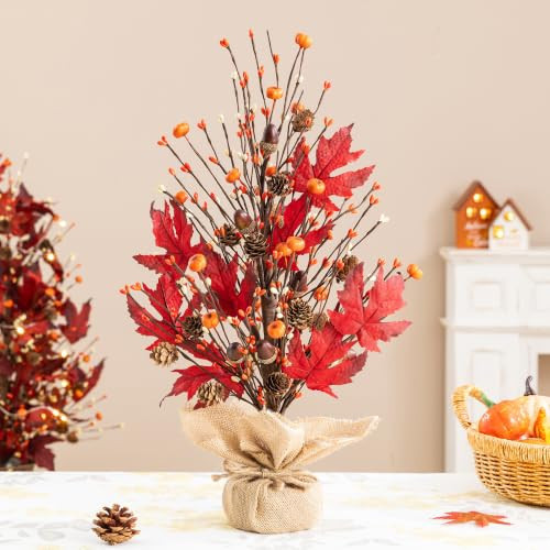 Glitzhome Fall Table Tree, 21" Burgundy Maple Leaves Tree with Berries Pinecones Cement Base, Fall Centerpiece Decor for Dining Table Home Display | Amazon (US)