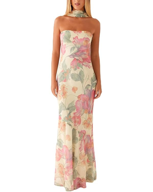 Women Floral Tube Maxi Dress with Scarf Y2k Strapless Backless Mesh Long Bodycon Dresses Formal C... | Amazon (US)