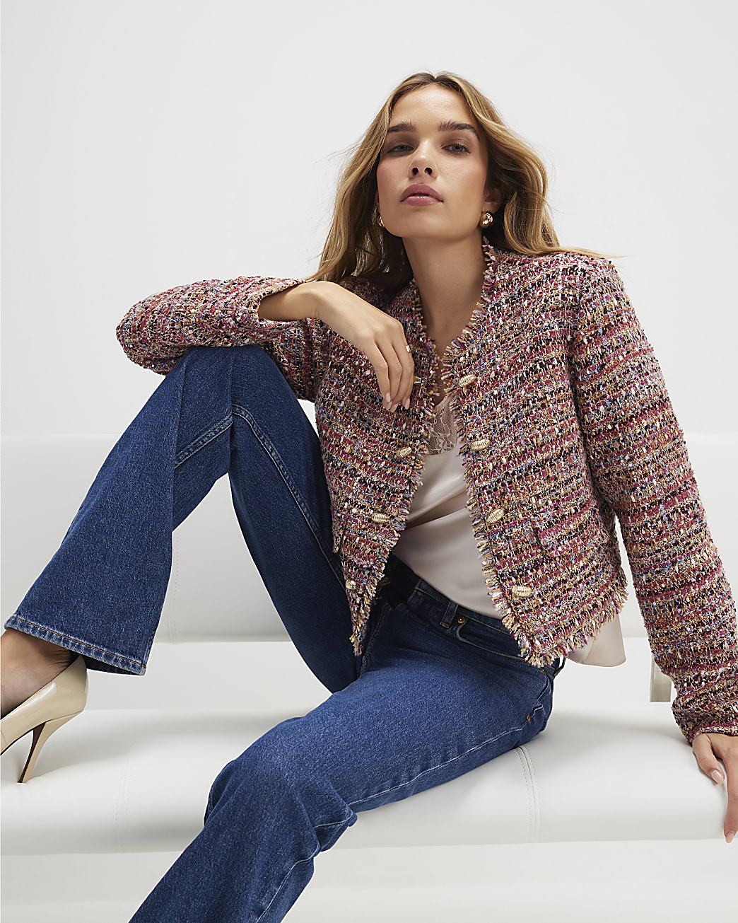 Red Boucle Edge To Edge Jacket | River Island UK & IE