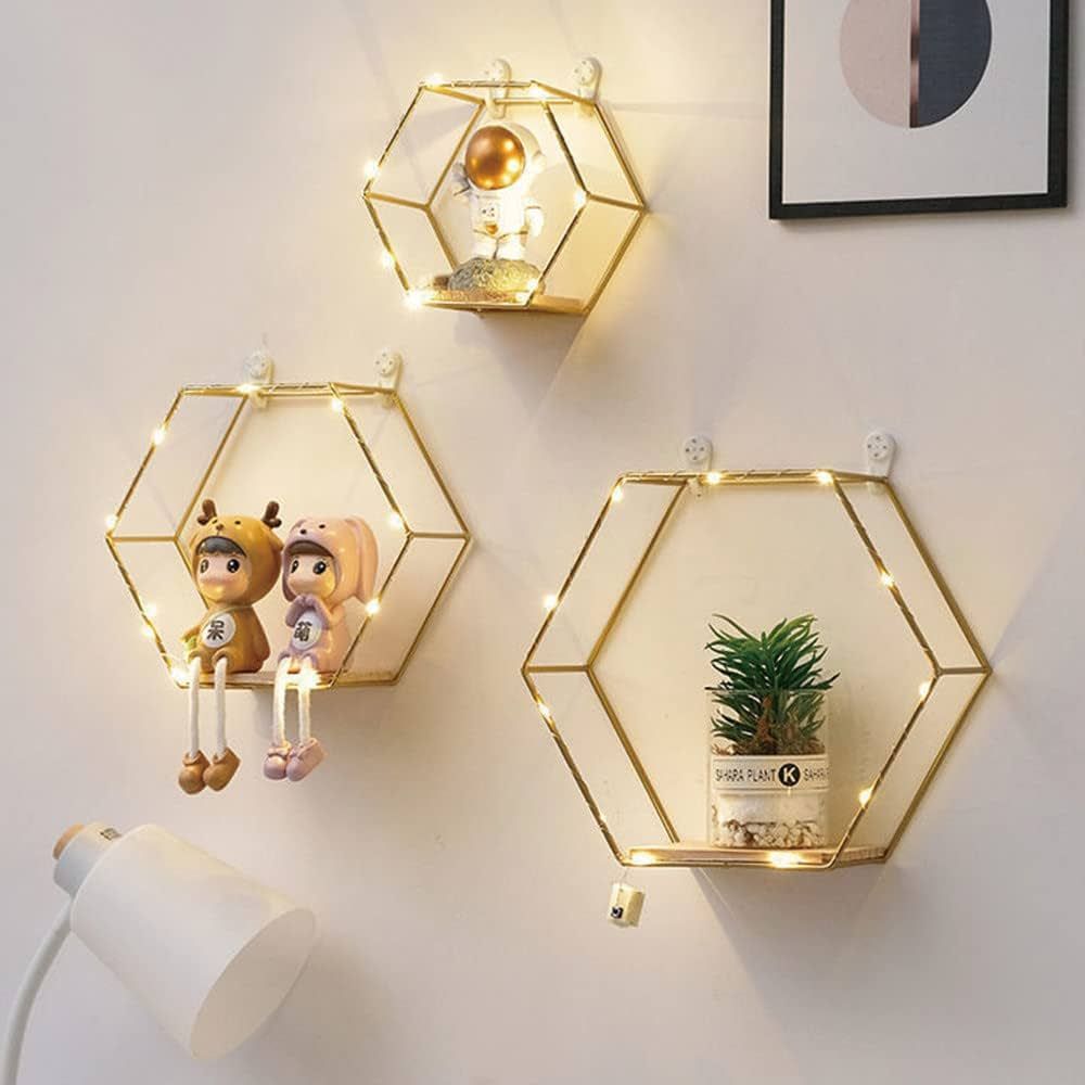Liywall - Hexagon Floating Shelves Wall Decor, Gold Metal Wire and Wood Wall Mounted Storage Shelf H | Amazon (US)