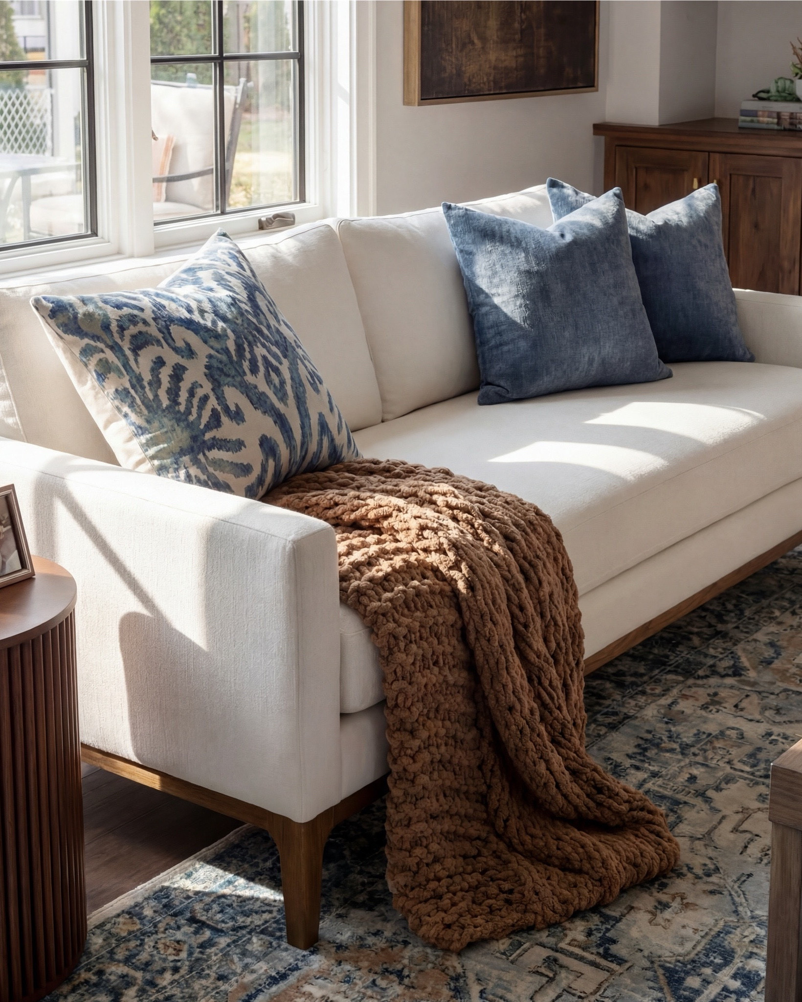 Shop the Look:
• Cream upholstered sofa (clean modern lines)
• Wood frame accent chairs with light neutral cushions
• Warm brown boucle cube ottomans
• Medium wood square coffee table
• Blue and beige vintage-style area rug
• Marble fireplace surround (white with soft veining)
• Dark wood ceiling beams
• Round wood fluted side tables
• Small ceramic table lamps (warm neutral base)
• Blue ceramic decorative vase
• Neutral textured throw blanket (warm brown)
• Blue linen accent pillows
• Floating wood wall shelves
• Wood storage cabinet with brass bird knobs
• Abstract neutral wall art (warm brown tones)
• White globe pendant light

#LTKhome #LTKsale #LTKstyletip