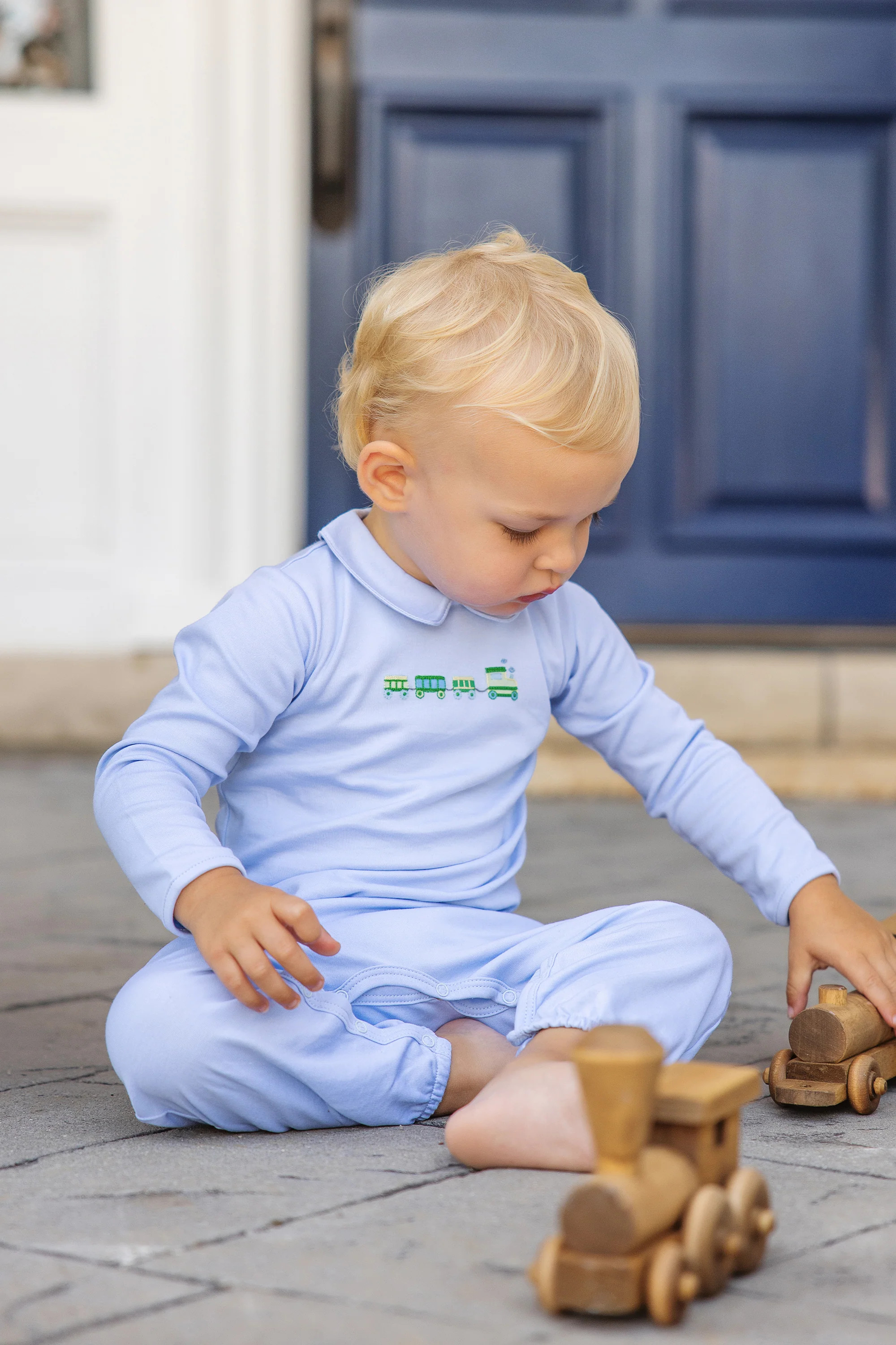 Rigsby Romper - Buckhead Blue with Train Embroidery | The Beaufort Bonnet Company