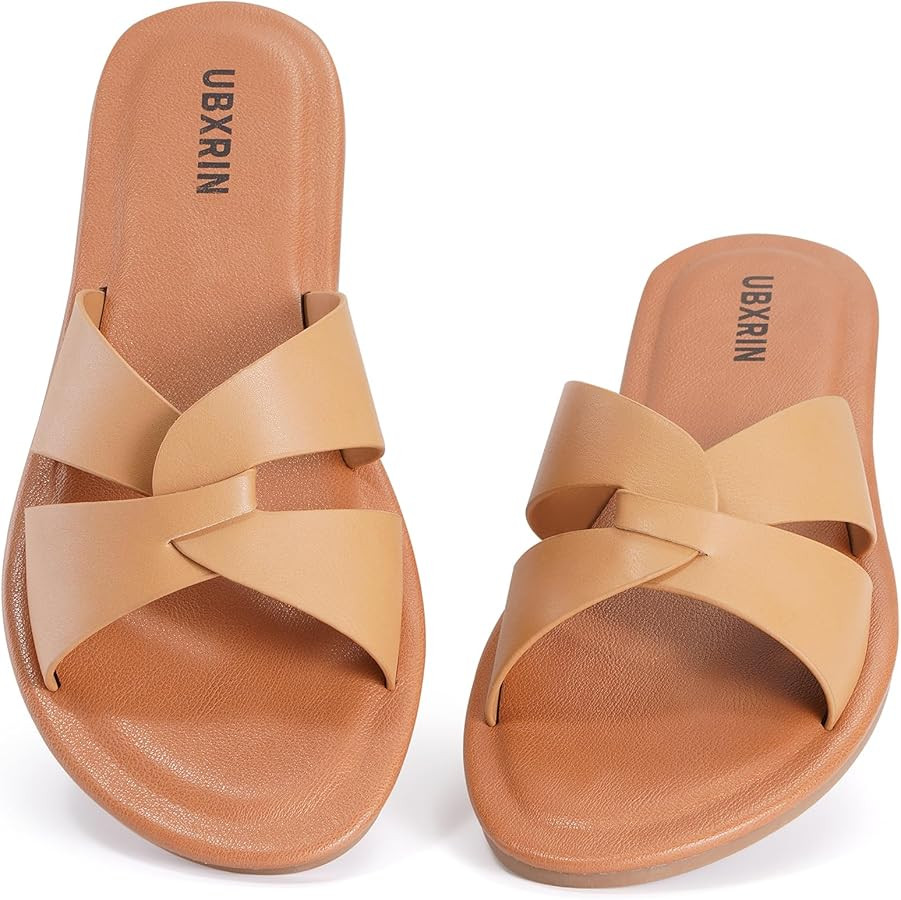 UBXRIN Womens Minimalist Memory Foam Comfortable Slide Sandals Summer Casual Soft Leather Flat Sl... | Amazon (US)