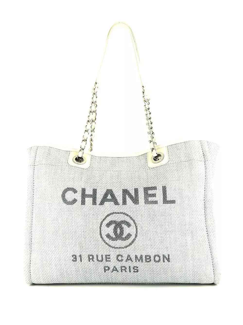 Authenticated Chanel Deauville Tote Brown Beige Canvas Fabric Bag