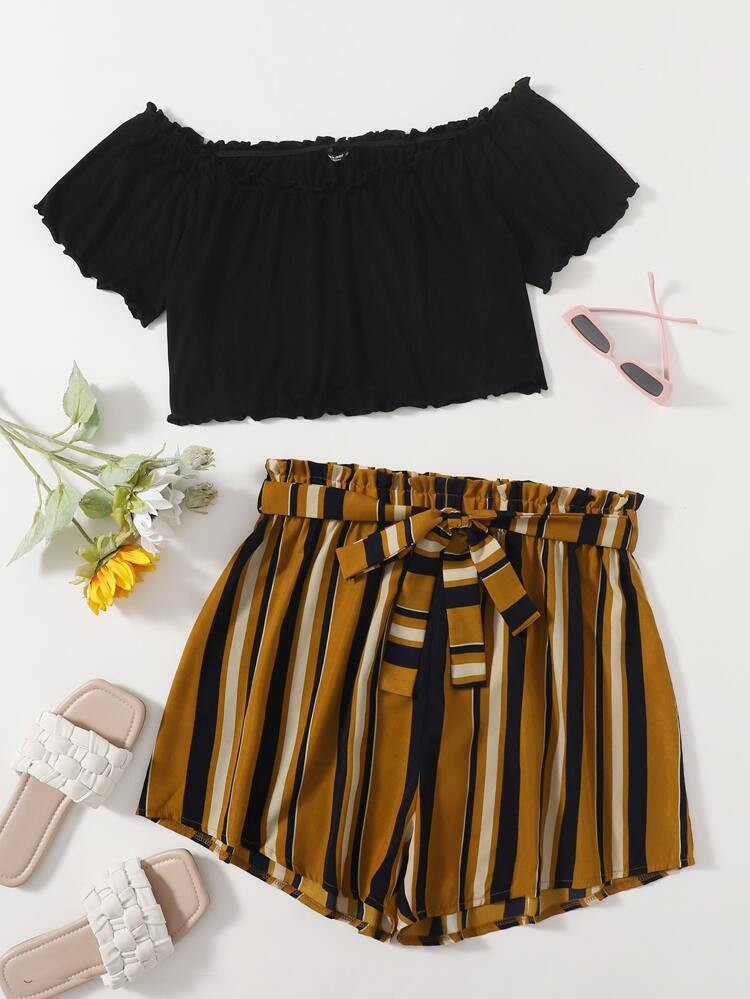 Plus Bardot Lettuce Trim Crop Tee & Striped Belted Shorts | SHEIN