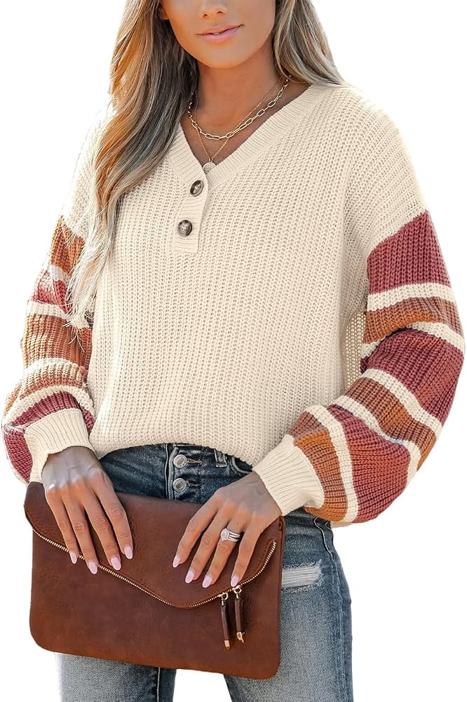 CUPSHE Womens Long Sleeve V Neck Sweaters Loose Knit Striped Button Up Chunky Oversized Pullover ... | Amazon (US)