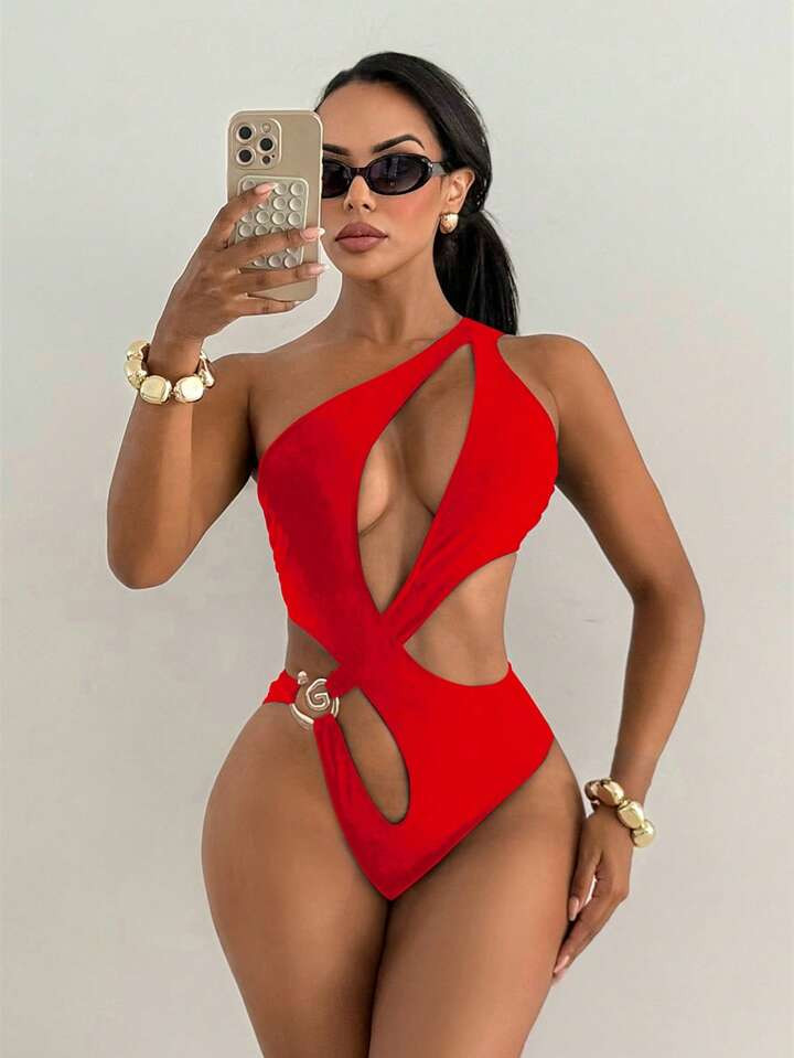 Swim SXY New Summer Solid Color Sexy Hollow Front Criss-Cross Special Craft Vacation Casual Beach Women One-Piece Swimsuit | SHEIN