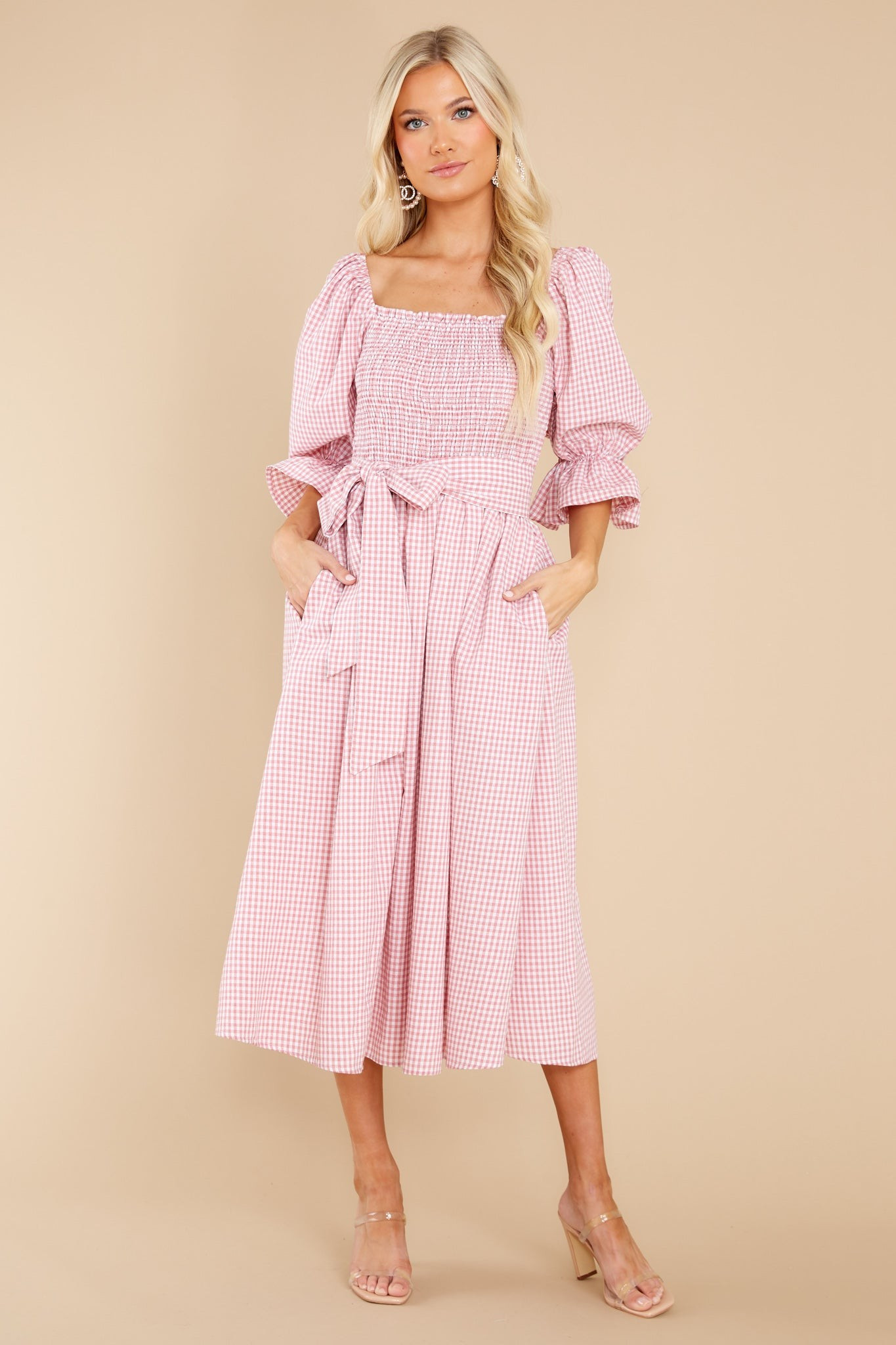 Lyrics To My Song Pink Gingham Midi Dress | Red Dress 