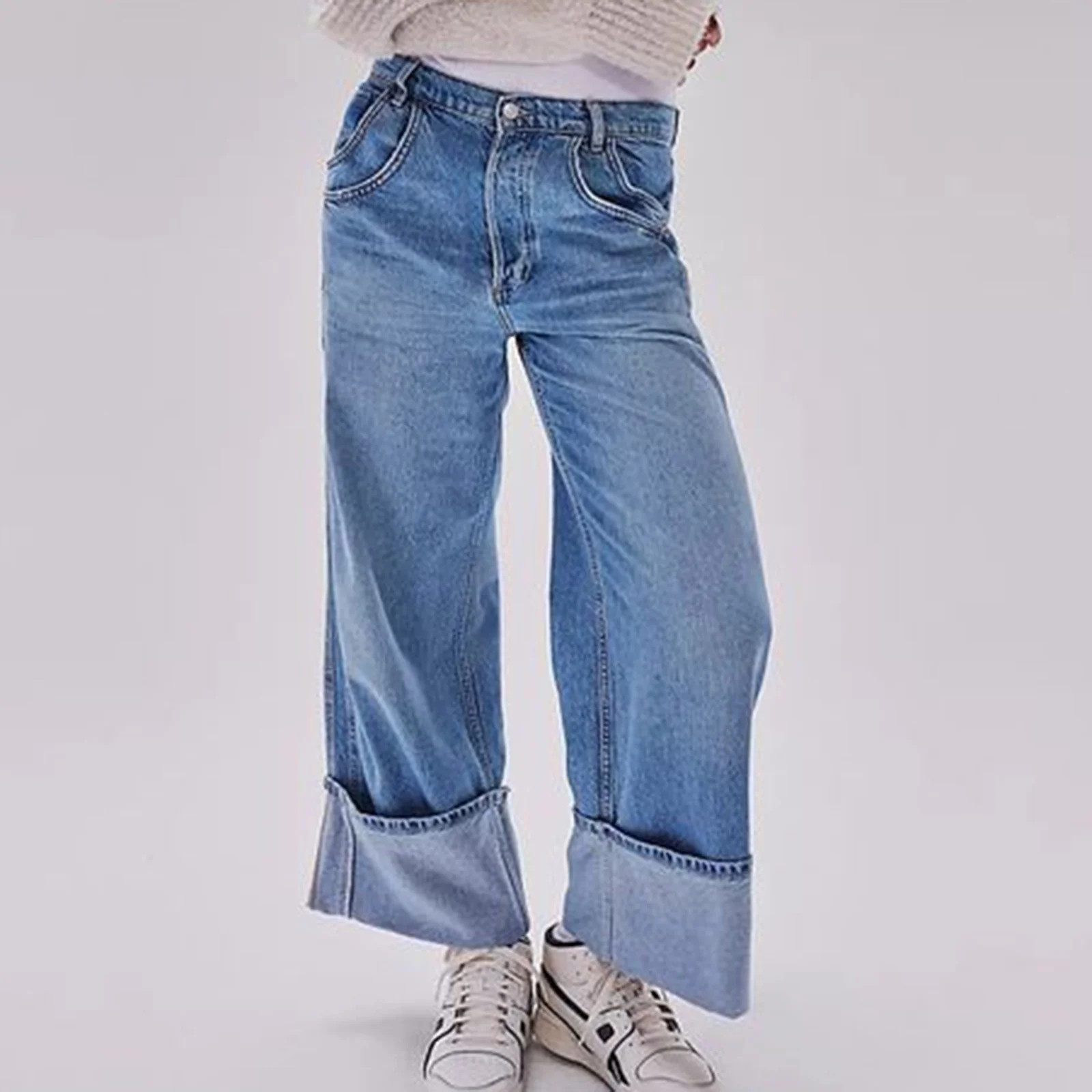 RYDCOT Womens Pants Clearance,Womens Baggy Jeans Boyfriend Wide Leg Trendy Casual Low Rise Cuffed... | Walmart (US)