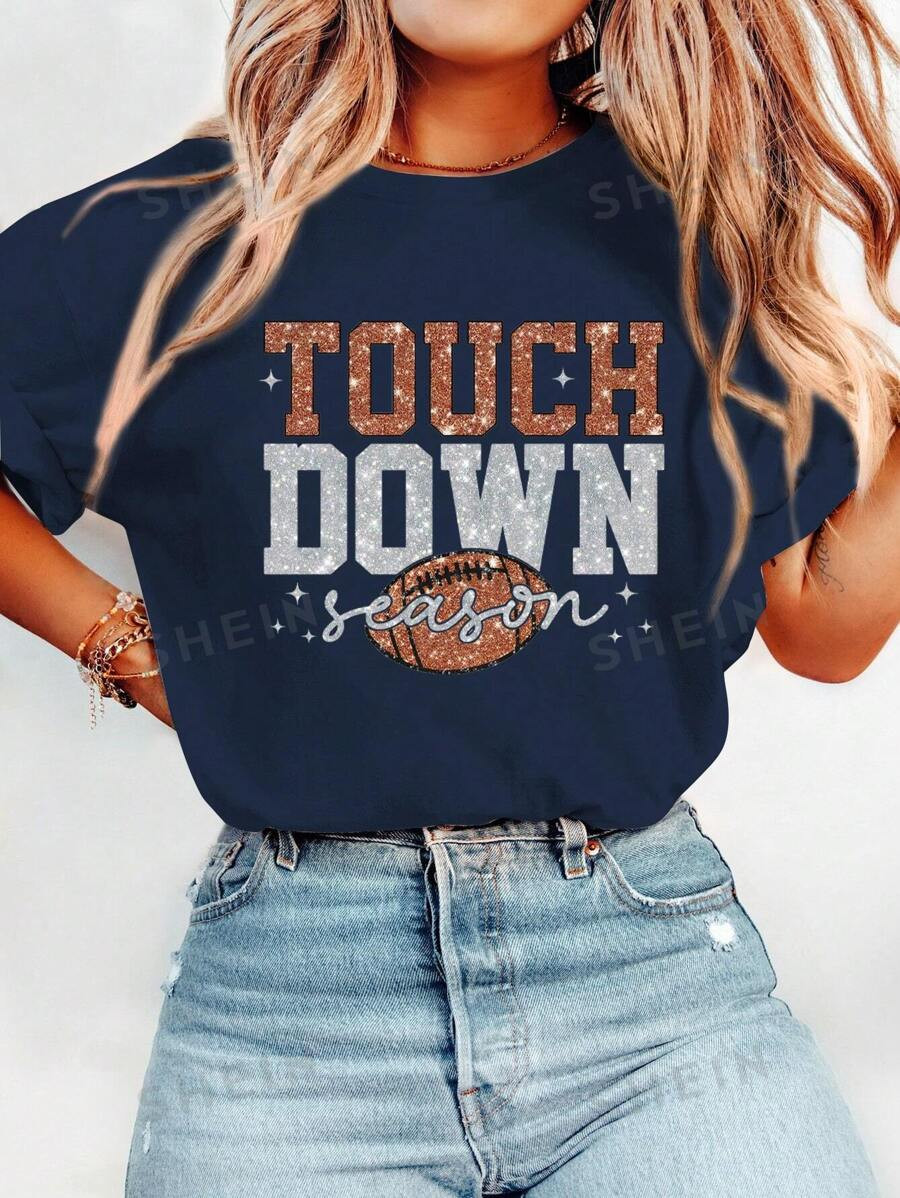 SHEIN LUNE Women's Summer Crew Neck Short Sleeve Football Touchdown Season Graphic T-Shirt | SHEIN