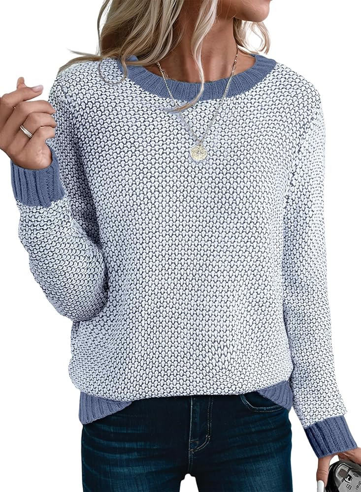 Sidefeel Women's Long Sleeve Pullover Sweaters Casual Crewneck Chunky Knit Color Block Jumper Top... | Amazon (US)