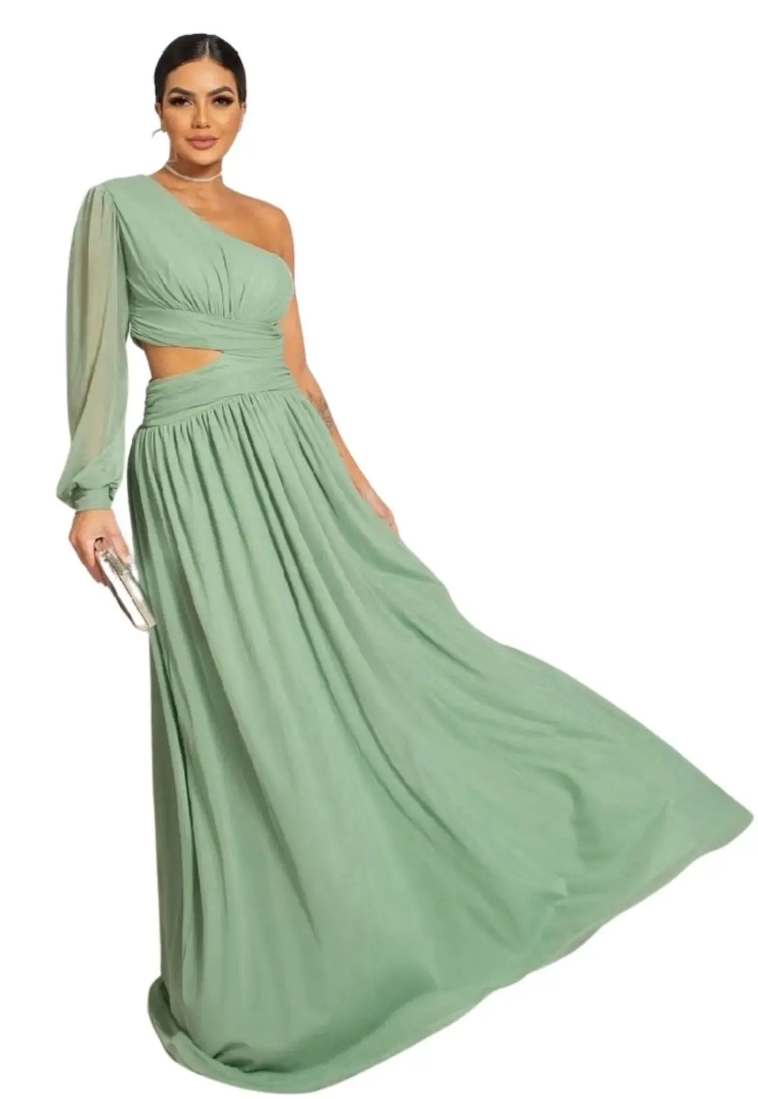 Vestido Longo de Festa Premium Micro Tule Uma manga Monyse Verde Oliva | Dafiti (BR)