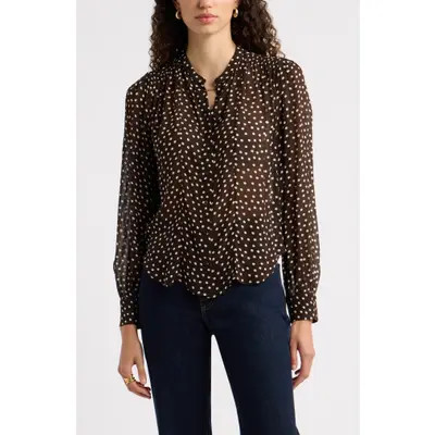 Nordstrom Shirred Chiffon Shirt in Brown M-Ivory Quynh Dot at Nordstrom, Size Medium | Nordstrom