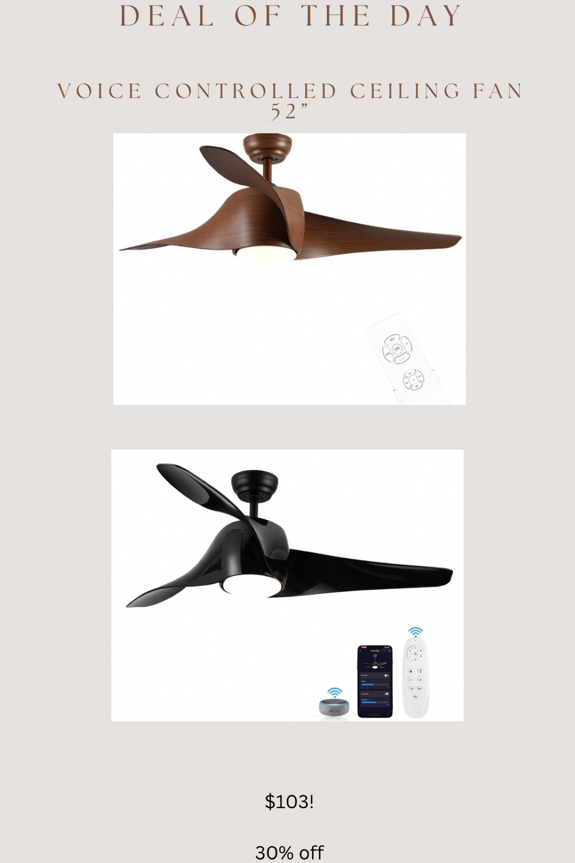Just found these modern style ceiling fans that are on sale!! Such a great price 🙌🏻🙌🏻

They come with a remote & are also voice controlled!! 

#LTKSaleAlert #LTKStyleTip #LTKHome