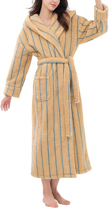 Gihuo Womens Fluffy Striped Robe Plush Bath Robe Winter Fleece Bathrobe Long Hooded Robe | Amazon (US)