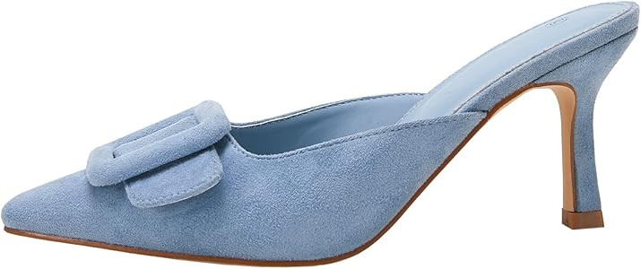 Women's Heeled Mules Pointed Toe Suede Buckle Slip On Sandals Kitten Heels Party Wedding Shoes | Amazon (US)