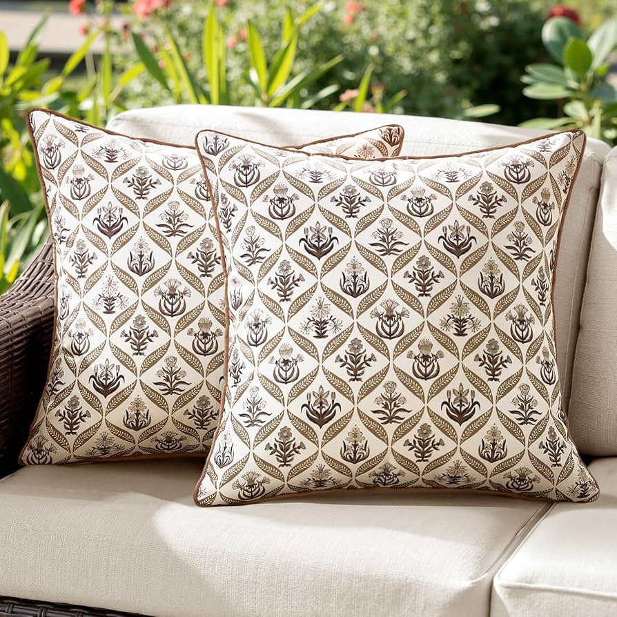 ANRODUO Floral Outdoor Pillow Covers 18x18 Waterproof Set of 2 Block Print Accent Decorative Cush... | Amazon (US)