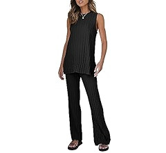 Tankaneo Two Pieces Outfits Sleeveless Top Knit Sets Trendy Lounge Long Pajamas Set | Amazon (US)