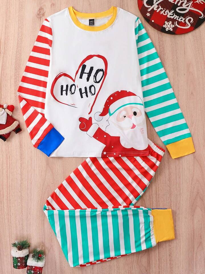 1pc Christmas and Striped Print Tee & 1pc Pants PJ Set | SHEIN