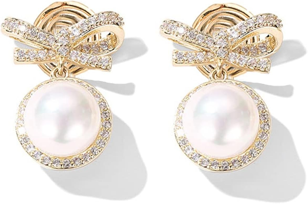 MIKAMU 14K Gold Ribbon Bow Stud Earrings for Women CZ cubic zirconia Dainty Gold Plated Pearl Ear... | Amazon (US)