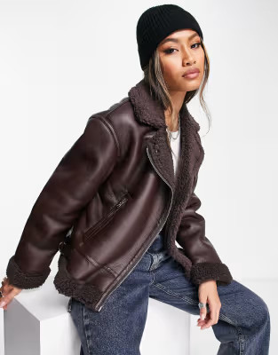 Bershka zip detail aviator jacket in chocolate brown | ASOS (Global)