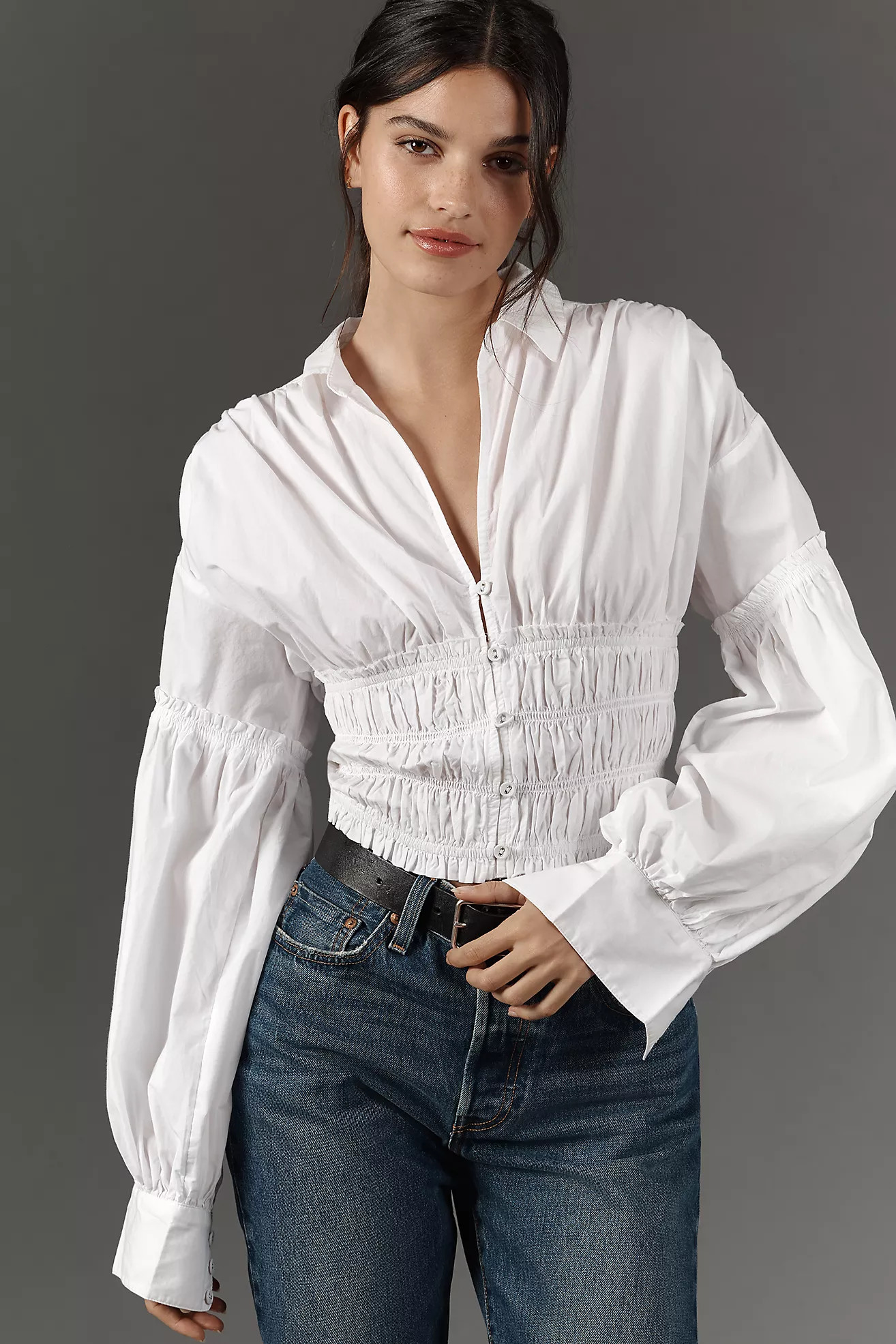 By Anthropologie Balloon-Sleeve Collared Shirred Blouse | Anthropologie (US)