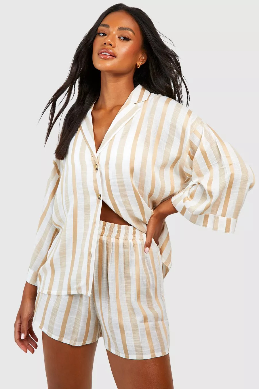 Linen Stripe Oversized Pajama Shirt | Boohoo.com (US & CA)