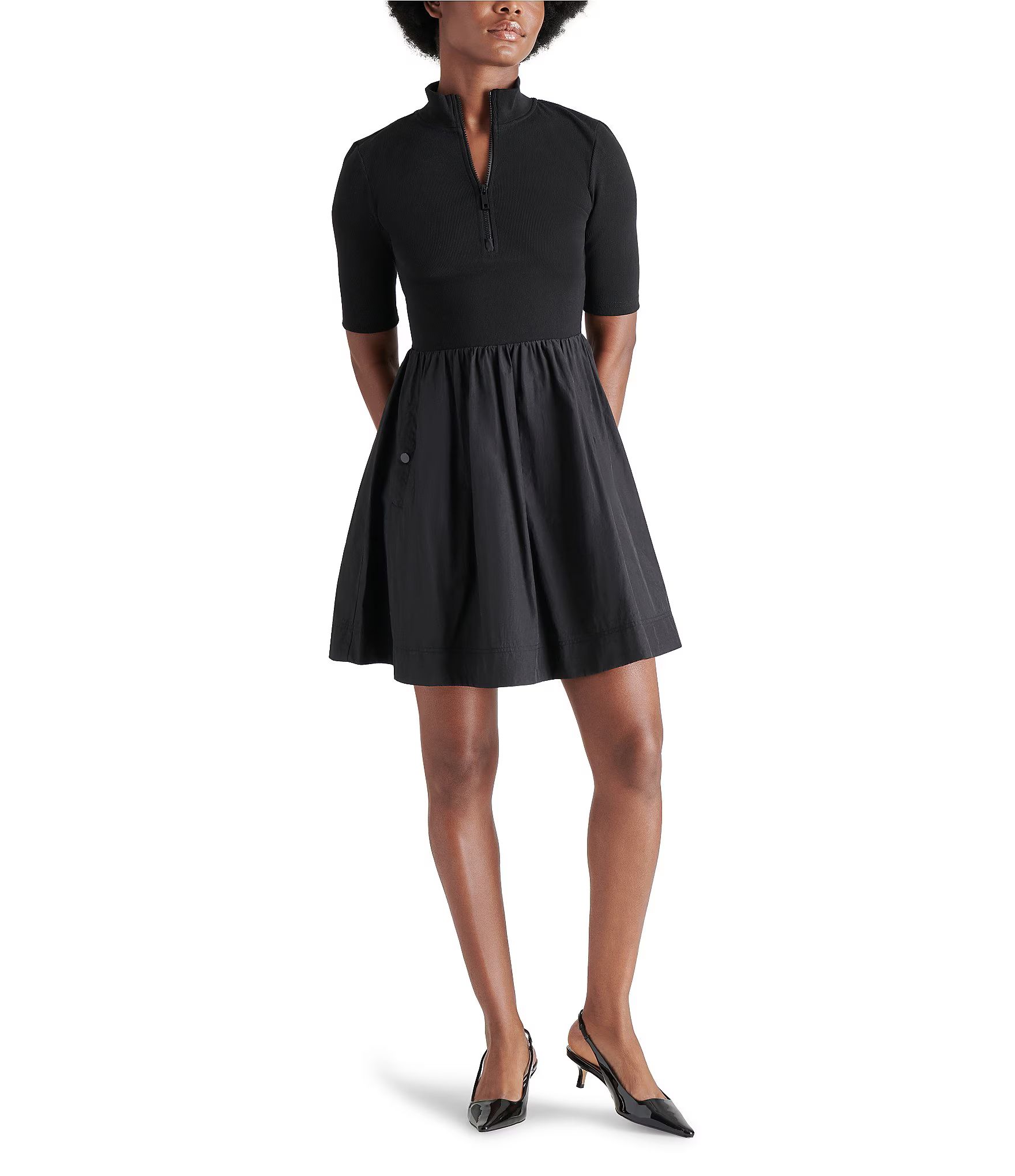 Berlina Mixed Media Quarter Zip Mock Neck Short Sleeve Mini Dress | Dillard's